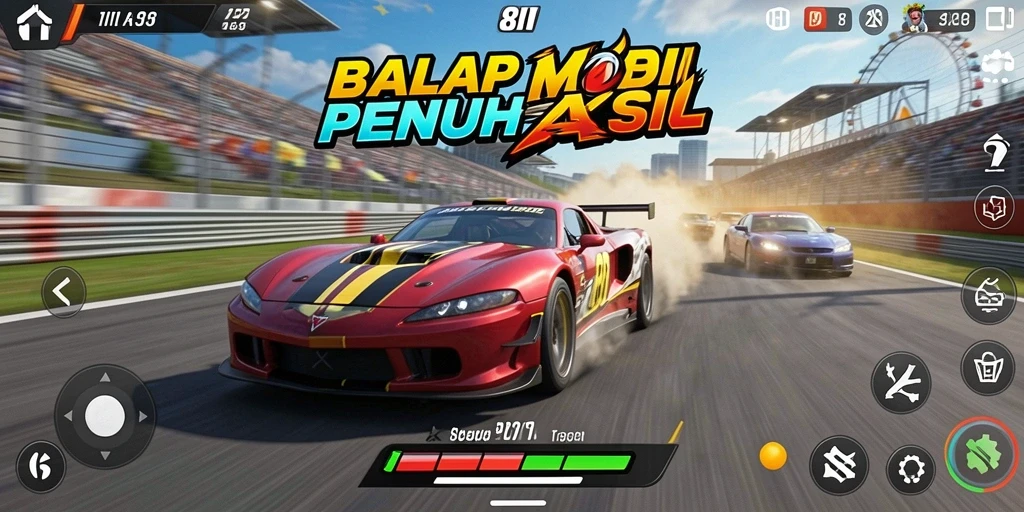 Screenshot gameplay 8II menunjukkan balapan mobil yang cepat dan menegangkan.