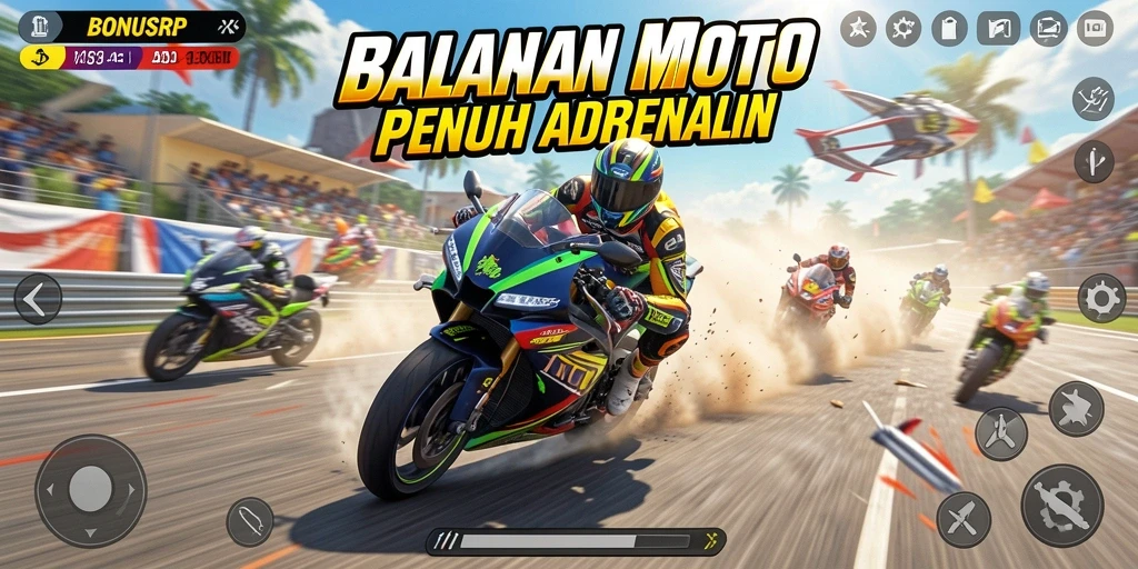Screenshot dari gameplay BONUSRP yang penuh aksi balapan motor.